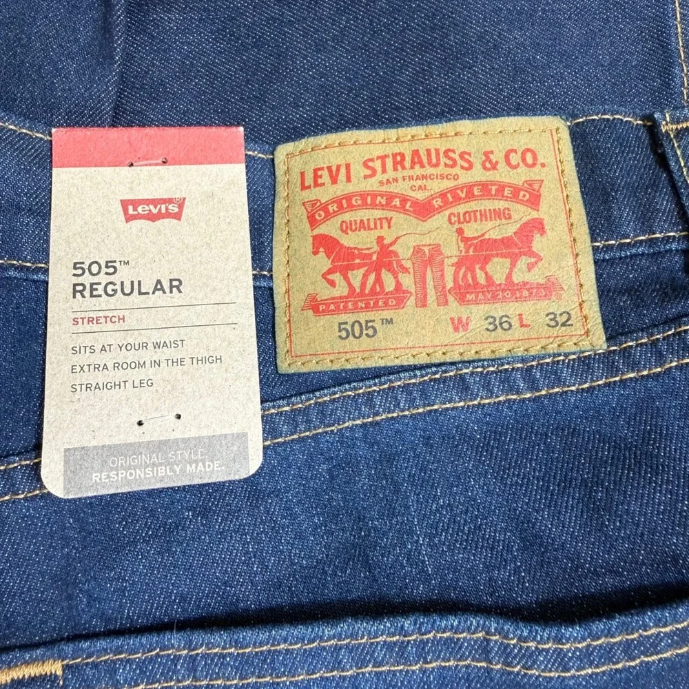 Levi's 505 Jeans Mens 36x32 Dark Wash Blue Stretch Straight Leg Regular Fit NEW